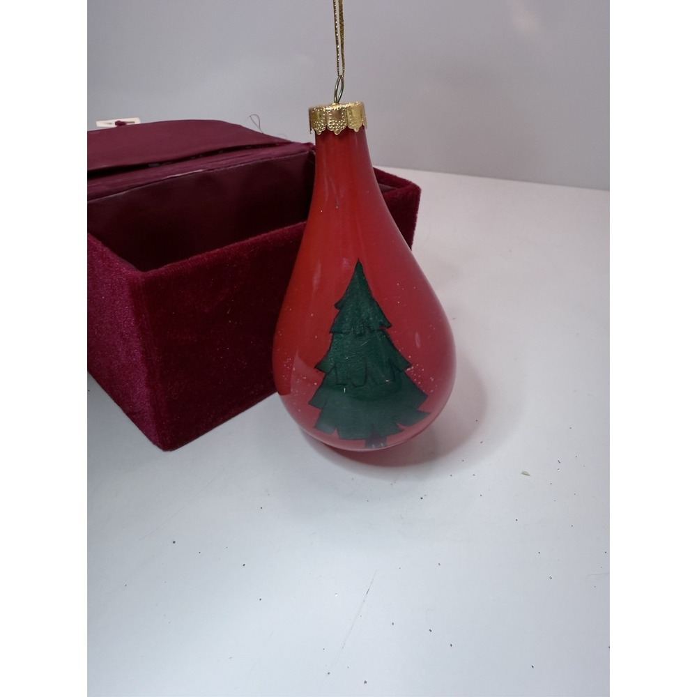 Vintage Hand Blown Glass Christmas Ornament Red Teardrop w/ Tree & Velvet Box - Picture 2 of 4